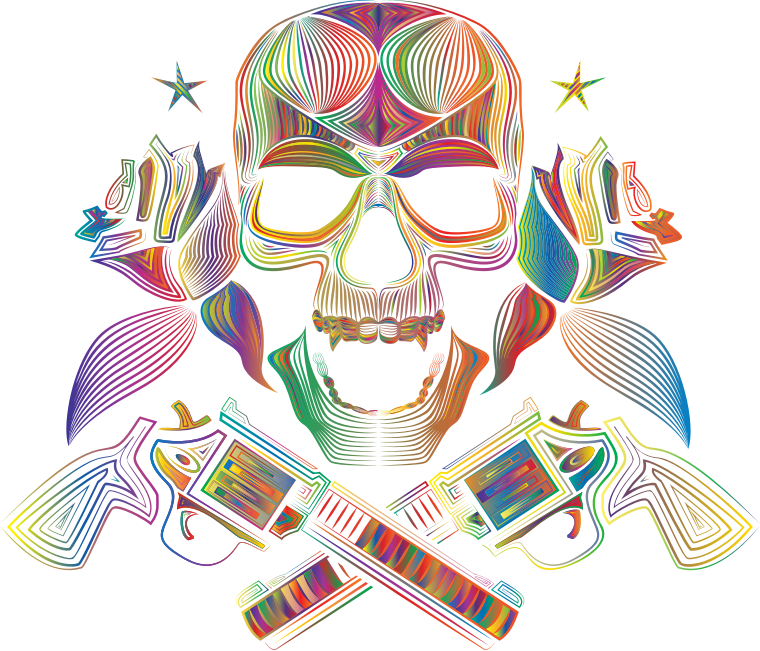 Flowers And Firearms Skull Line Art Polyprismatic No - Clip Art (760x651), Png Download