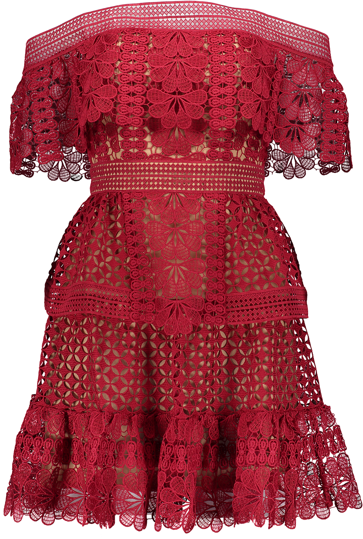 Off Shoulder Lace Mini Dress Red - Day Dress (1280x1920), Png Download