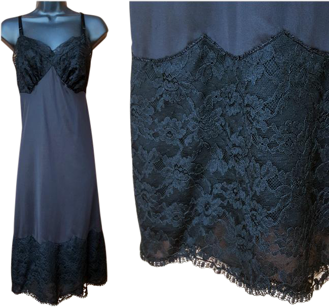 Vintage Full Length Slip Black Lacy Lace Size Extra - Little Black Dress (648x648), Png Download