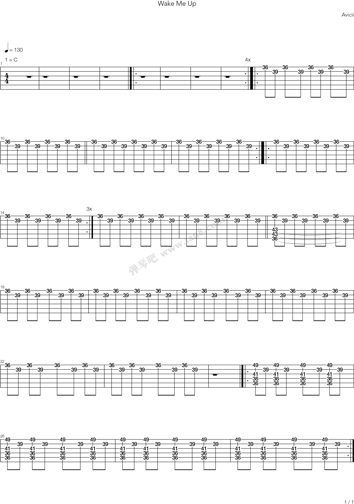 Wake Me Up 架子鼓 第1张 - Guitar (1240x1754), Png Download