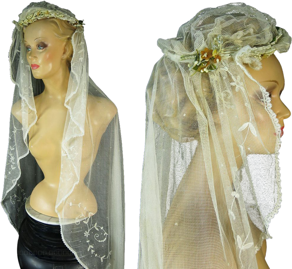 Lovely Vintage 1920's Tambour Lace Wedding Veil With - Veil (981x981), Png Download