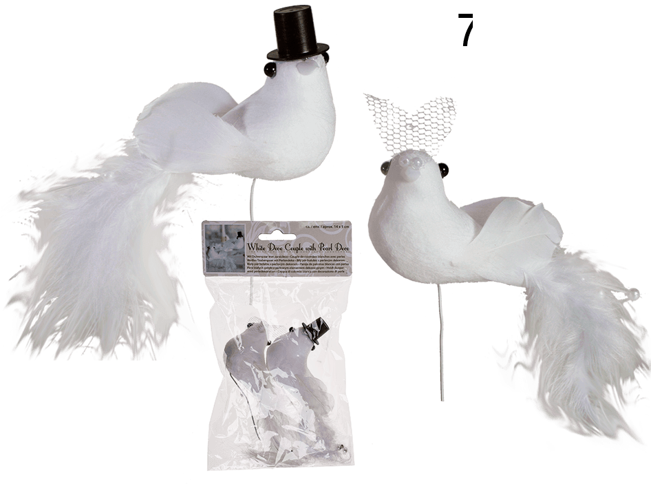 White Dove Couple On Stick With Feathers & Pearl Deco - Out Of The Blue - Couple De Colombes Blanches Avec (945x709), Png Download