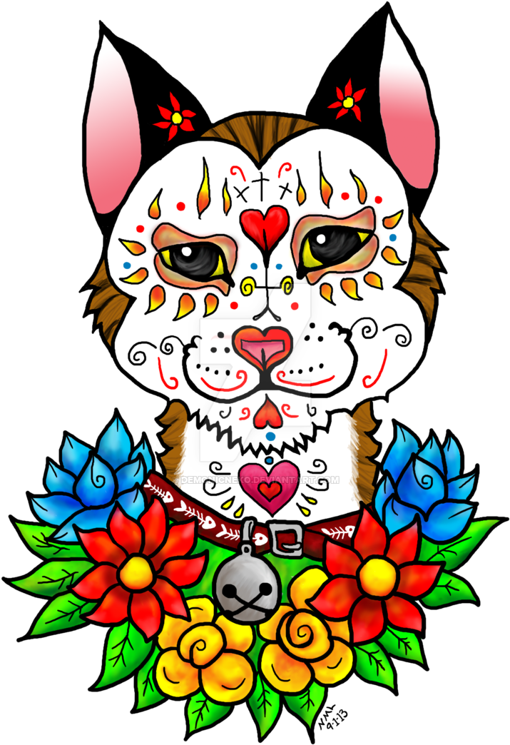 Sugar Skull Cats - Cartoon (800x1067), Png Download