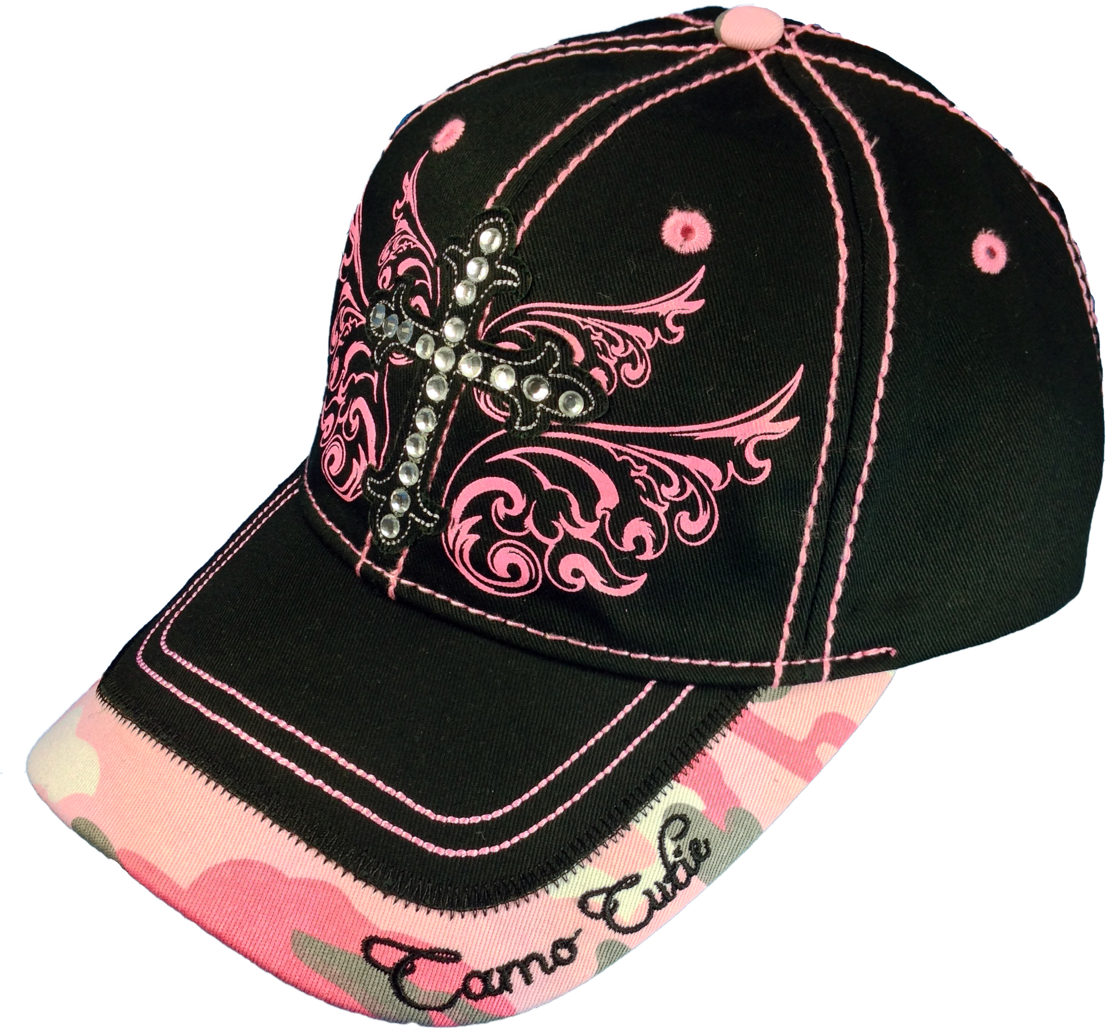 Camo Cutie Cap Ladies Black Pink Rhinestone Cross Ball - Baseball Cap (2332x2176), Png Download