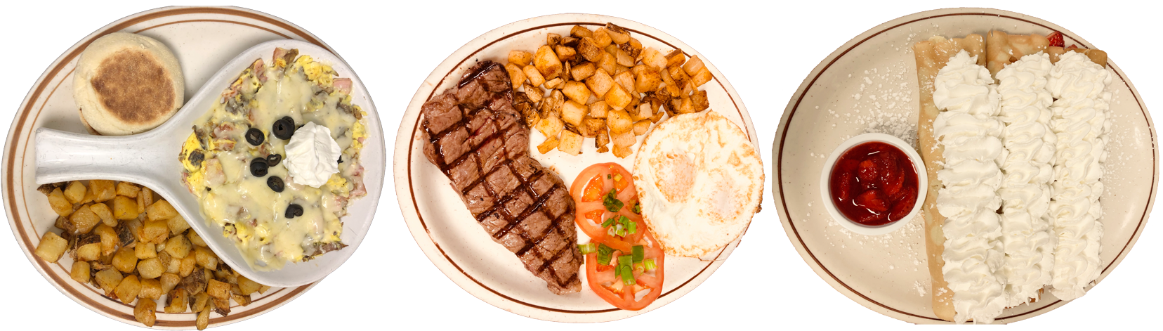 Eggs, Steak, Hashbrowns, And Crepes - Grillades (1660x505), Png Download