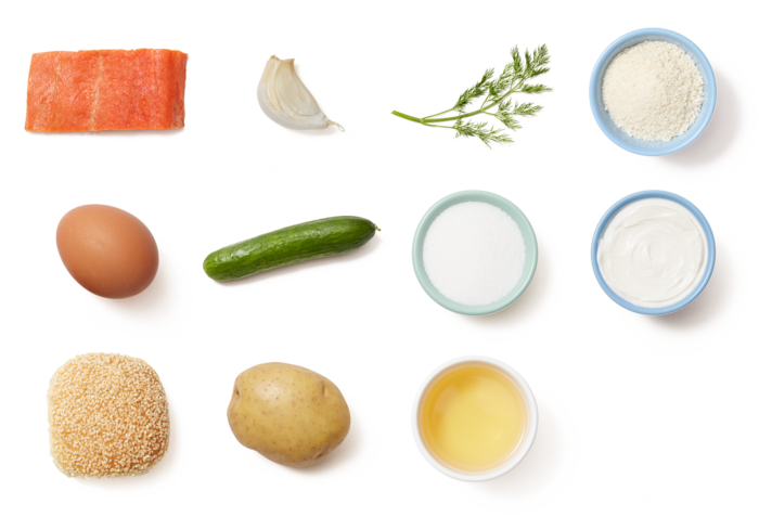 Salmon-dill Burgers With Marinated Cucumber & Roasted - Zucchini (700x477), Png Download