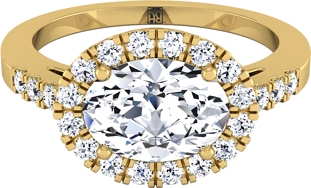 Oval Shape Diamond Halo Engagement Ring East West With - Engagement Ring (1400x1400), Png Download