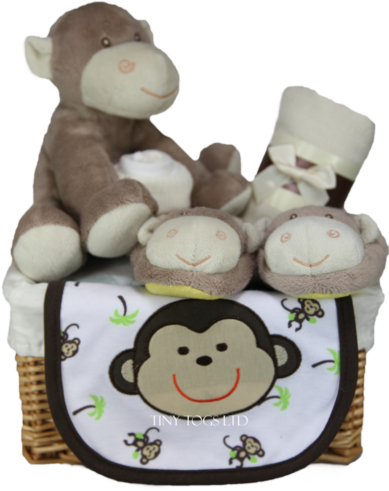 Neutral Gift Basket Hamper With A Cute Cuddly Monkey - Stuffed Toy (784x1024), Png Download