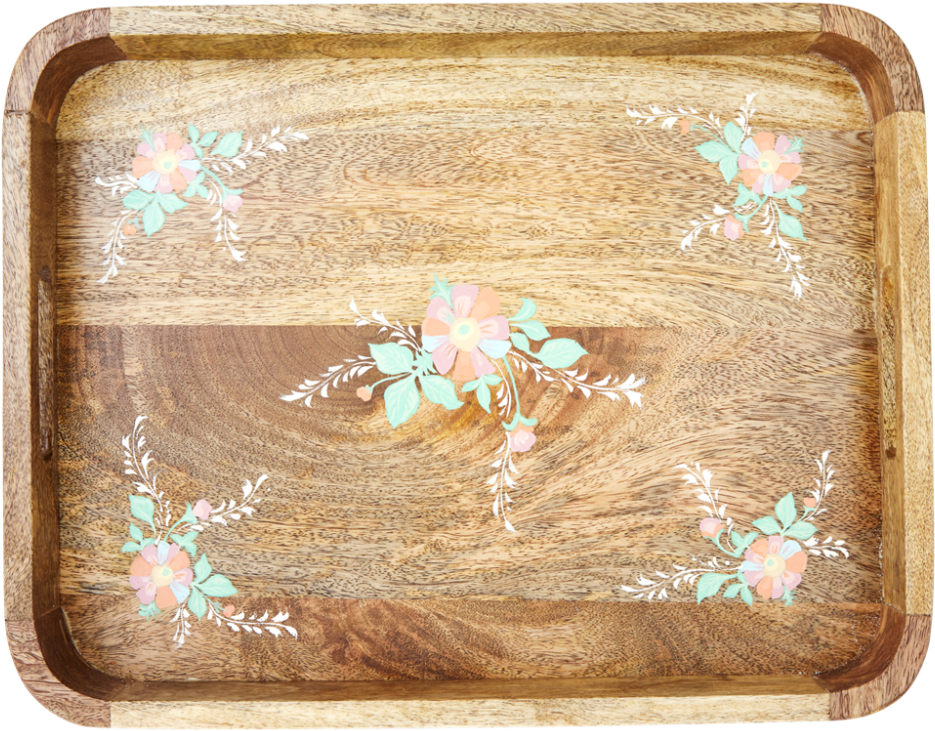Wooden Tray With Hand Painted Pink Flowers By Rice - Tray (1000x1000), Png Download