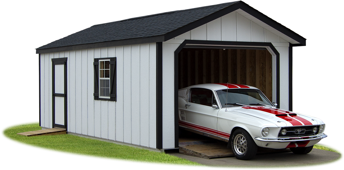 Peak Style Single Car Garage With Lp Board 'n' Batten - White Garage Black Trim (1200x627), Png Download