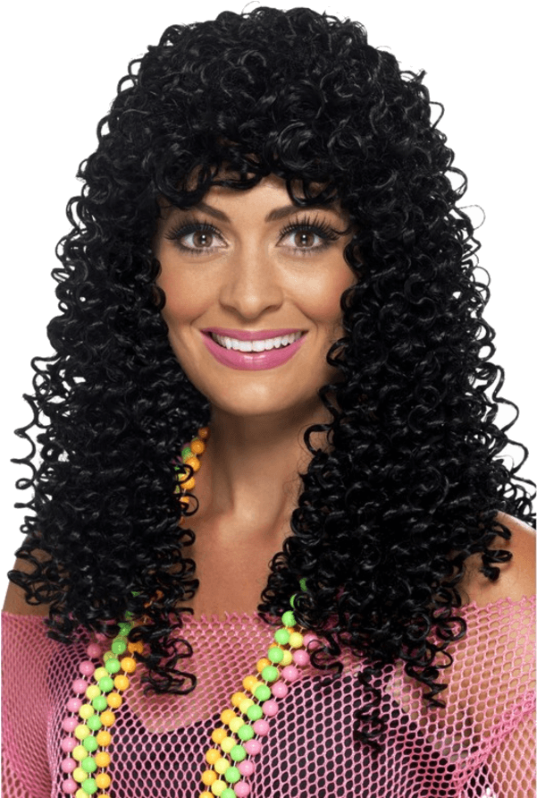 Adult 80's Wet Look Pop Star Black Wig - 90's Female Pop Star Fancy Dress (600x951), Png Download