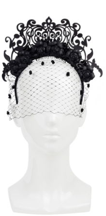 Black Leather Flower And Laser Cut Headband With Veil - Headpiece (320x480), Png Download