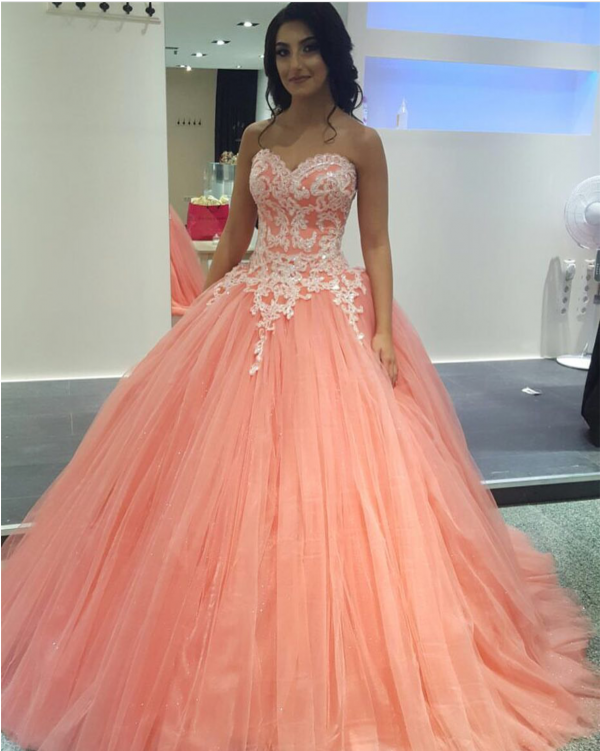 Pretty Prom Dress, 2019 Prom Dress, Ball Gown Prom - Lace Coral Quinceanera Dresses (750x750), Png Download
