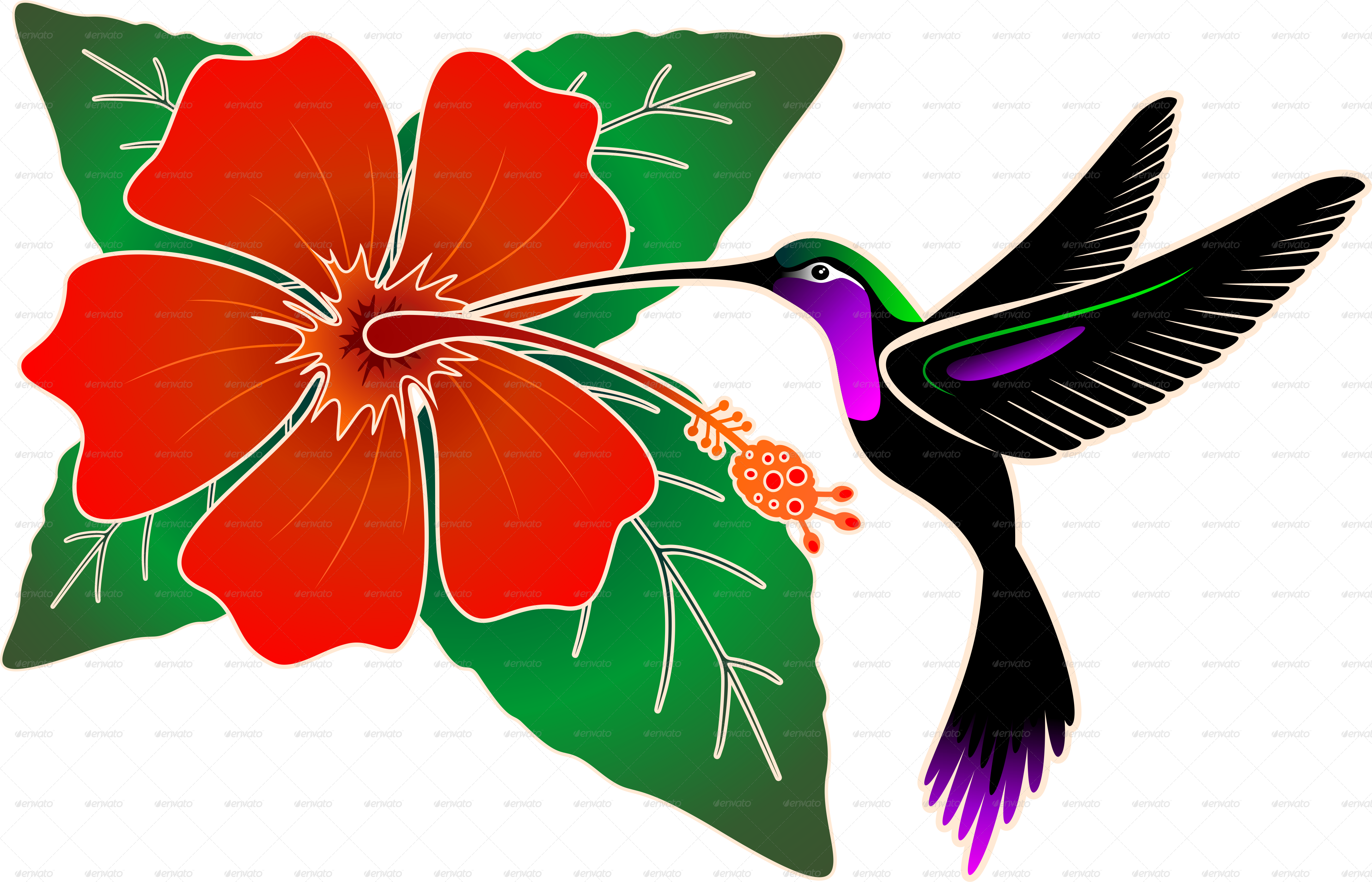 Red Hibiscus And Hummingbird-png - Hibiscus With Hummingbird Clupart Art (3891x2501), Png Download