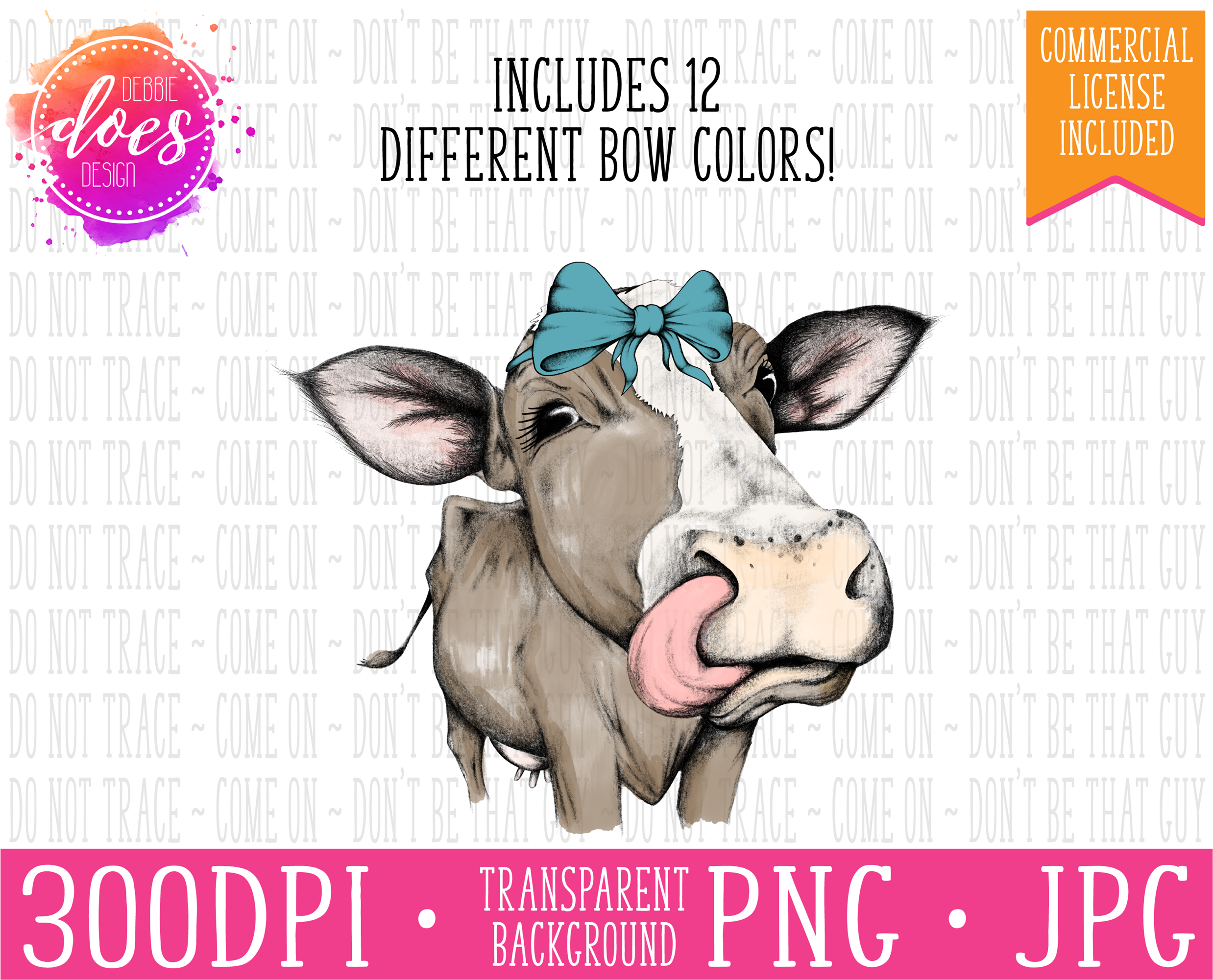 Female/heifer Hand Drawn Cow With Bow And Tongue Design - Design (3000x2000), Png Download