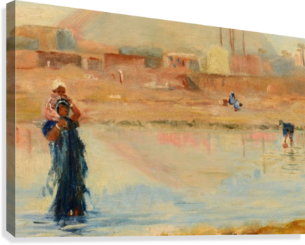 A Woman In A Blue Dress With Her Baby Canvas Print - Painting (429x344), Png Download