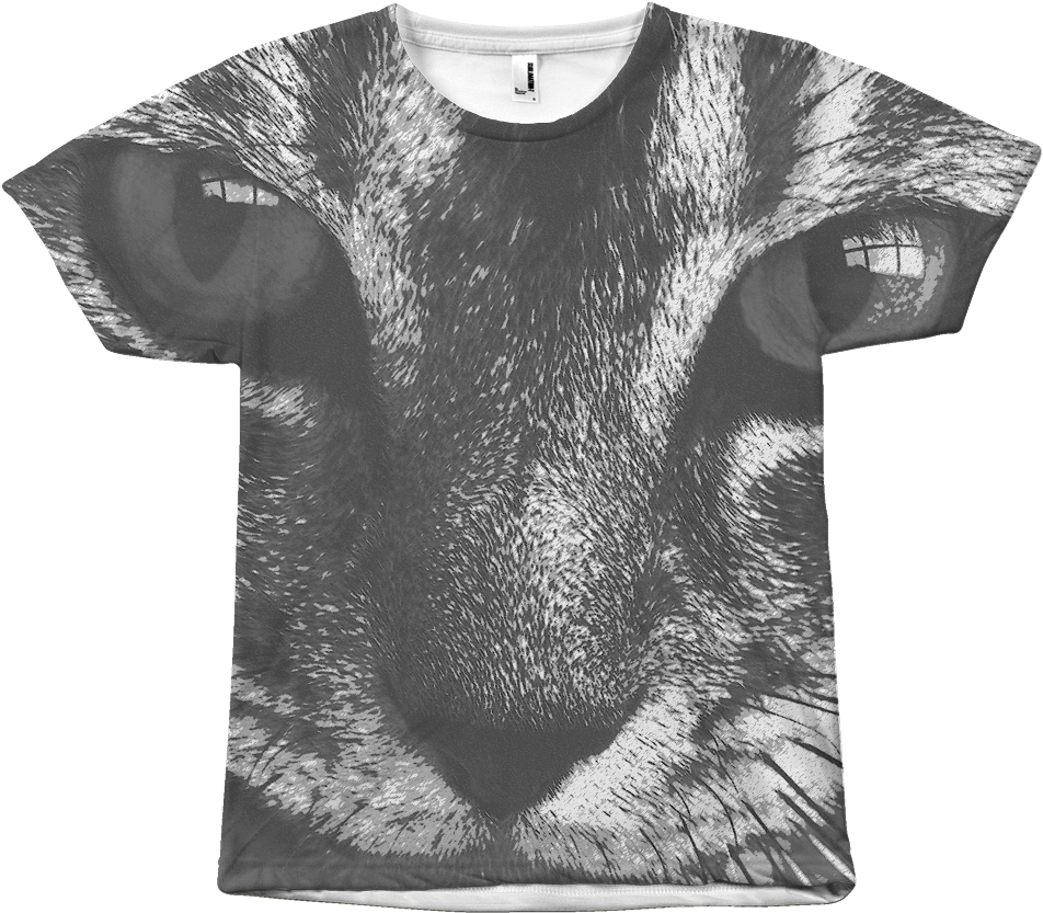 All Over Print Amazing Fierce Looking Cat T Shirt 1 - Monochrome (1024x1024), Png Download