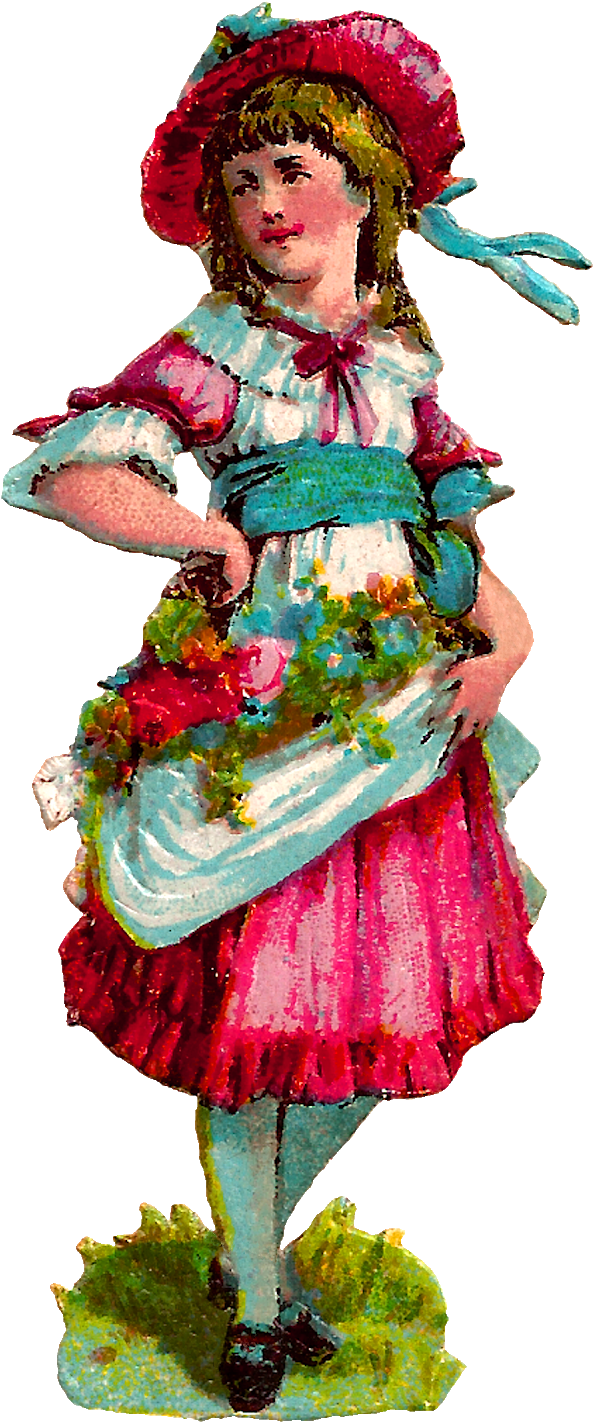 Fashion Girl Victorian Dress Bonnet Flowers Digital - Illustration (740x1600), Png Download