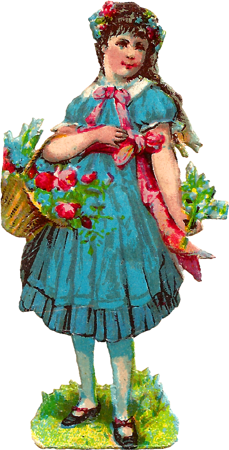 Flower Basket Girl Victorian Fashion Digital Clipart - Girl (855x1600), Png Download