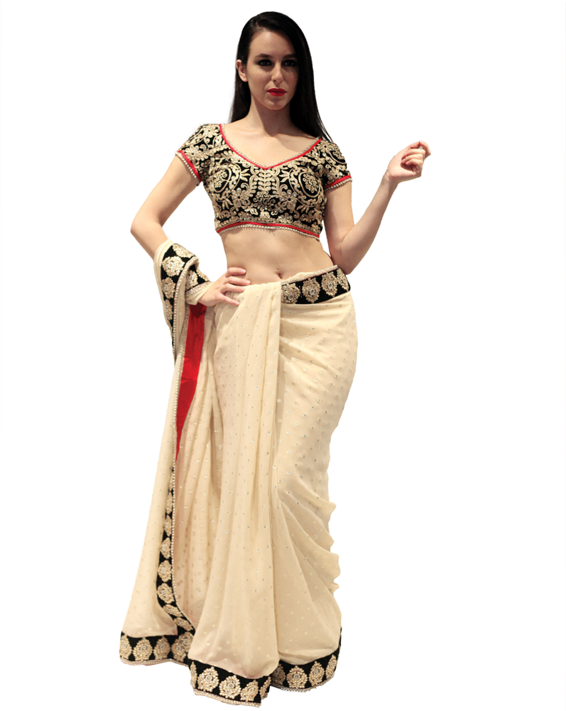 Jpg Royalty Free Beige Saree With Velvet Blouse Maheka - Model With Saree Png (1000x1000), Png Download