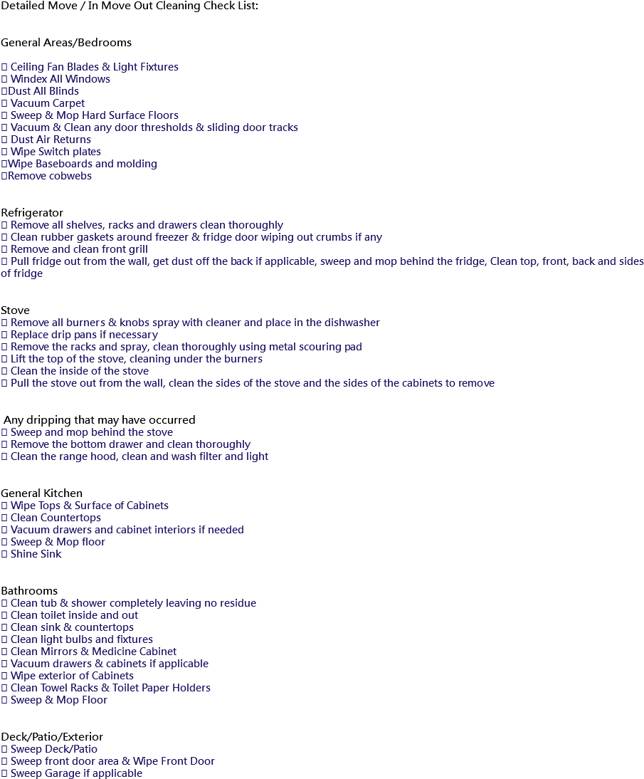 Detailed Move / In Move Out Cleaning Check List - Document (916x1164), Png Download