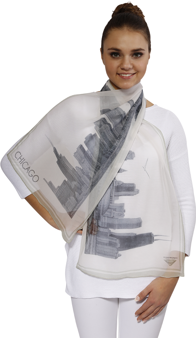 Chicago Collection Pencil Illustration Silk Georgette (900x1200), Png Download