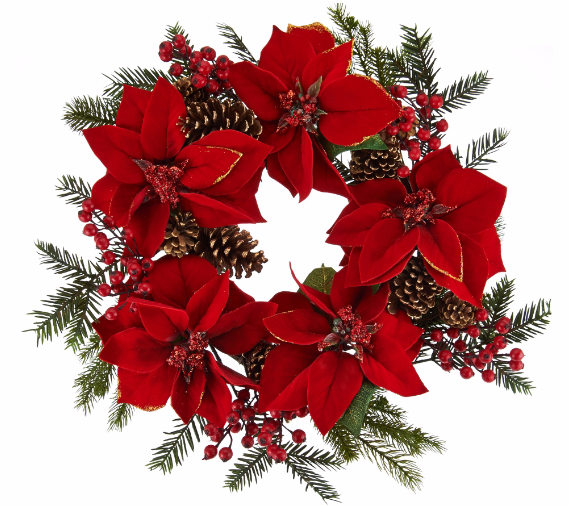 22" Glitter Velvet Poinsettia And Pinecone Wreath - Buquê De Rosas Em Forma De Coração (800x505), Png Download