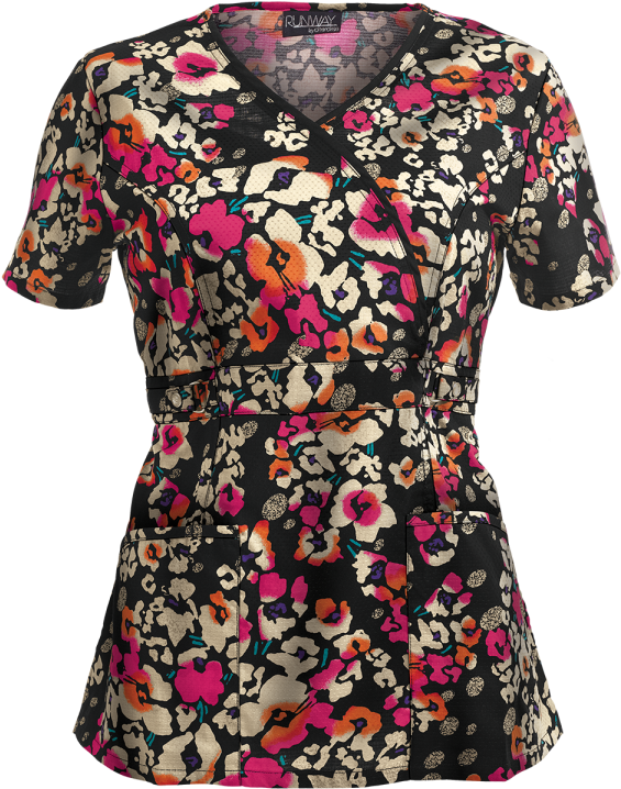 Cherokee Runway Scrubs Floral Cheetah Mock Wrap Print - Blouse (600x720), Png Download