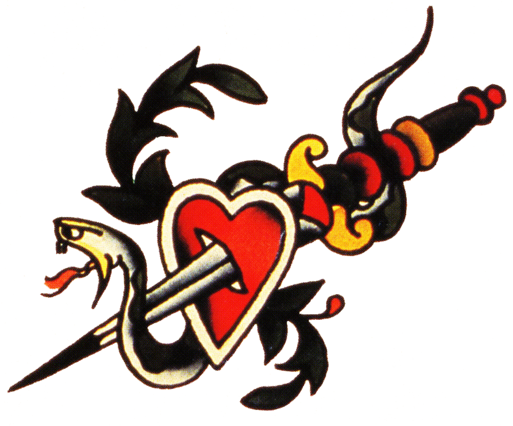 Sailor Jerry, Vintage Tattoo, Designs, Snake, Dagger, - Traditional Style Tattoo Heart Dagger (1000x830), Png Download