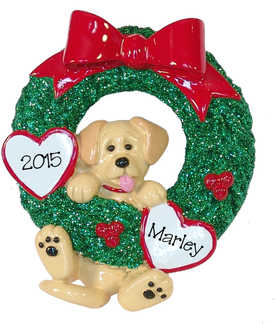 Yellow Lab Hanging On To Wreath Christmas Ornament - Dog (606x662), Png Download