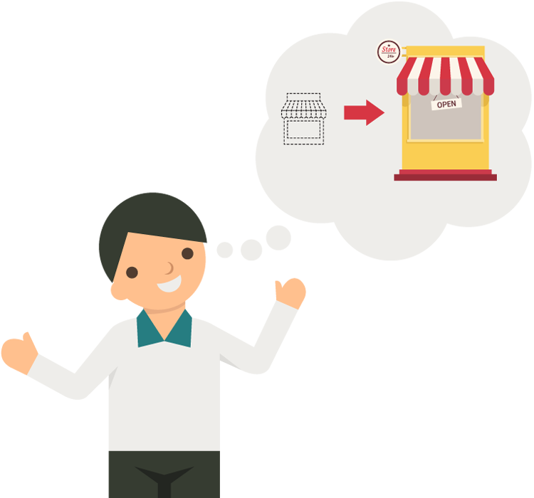 Cartoon Business Man Thinking Of Make A Big Store - Store Business Cartoon (750x700), Png Download