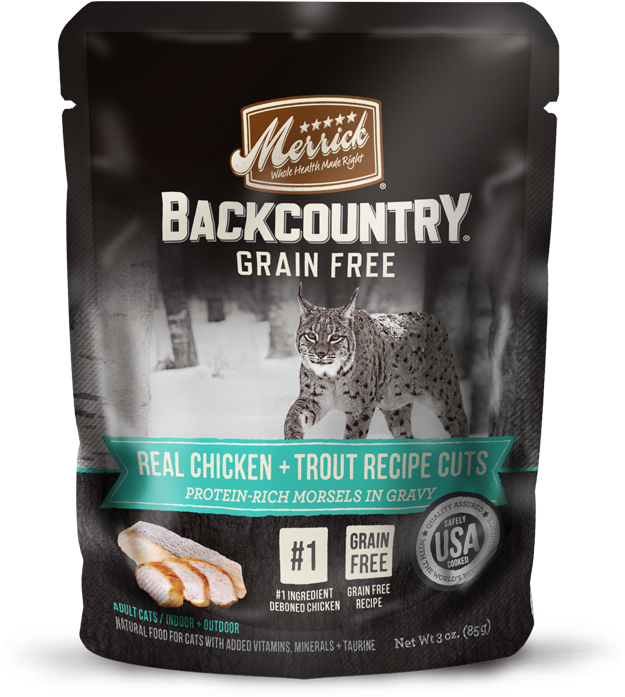 Backcountry Grain Free Real Chicken Trout Recipe Cuts - Merrick Backcountry Chicken Cuts Cat Food Pouches, (650x748), Png Download