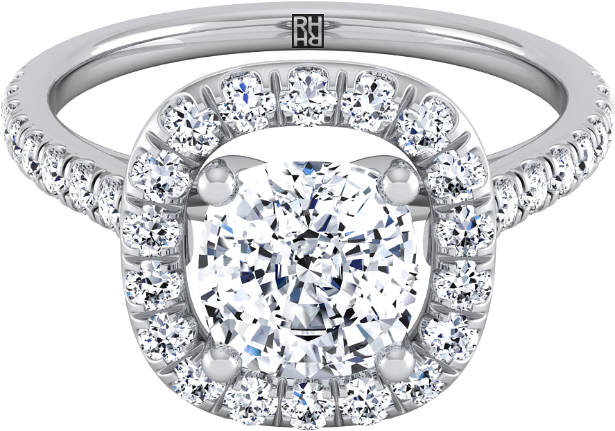 Cushion Cut Diamond Pave Halo Frame Engagement Ring - Engagement Ring (1200x1200), Png Download