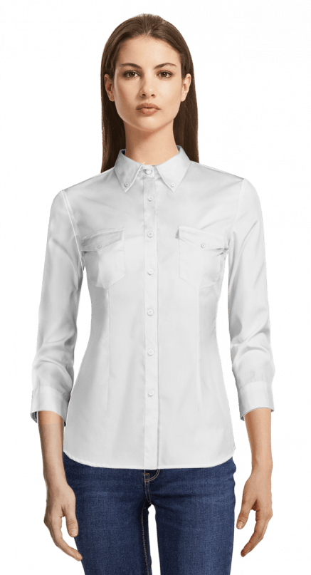 White Button Down Stretchy Shirt-view Front - Shirt (437x807), Png Download