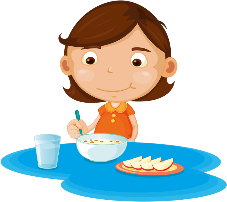 Girl Eating Cereal And Fruit - Cartoon Girl Eating Breakfast (778x693), Png Download