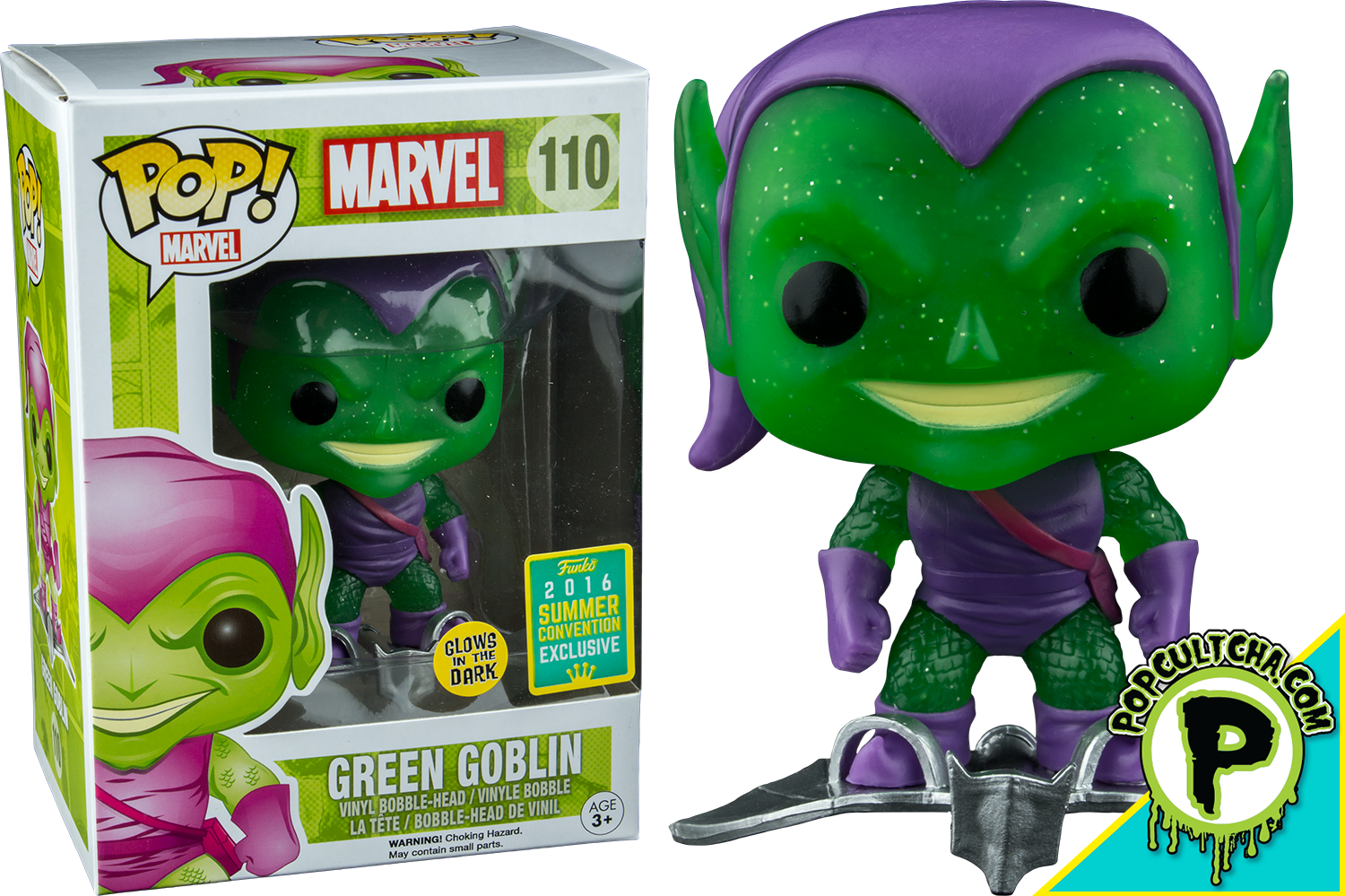 Green Goblin With Glider Translucent Glitter Glow In - Funko Pop Green Goblin 110 Sdcc 2016 (1500x999), Png Download