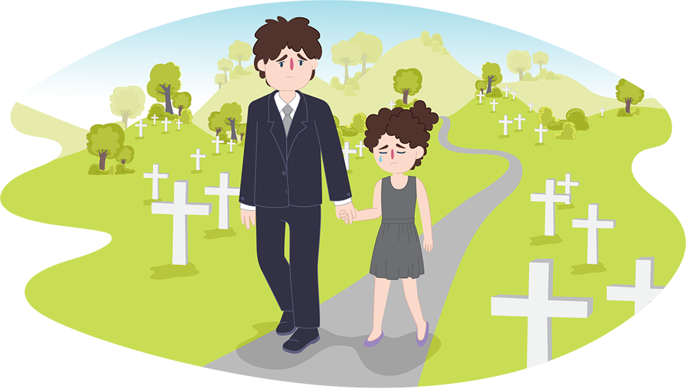 Child And Male Parent Or Carer Walking Through A Cemetery - Illustration (1000x565), Png Download