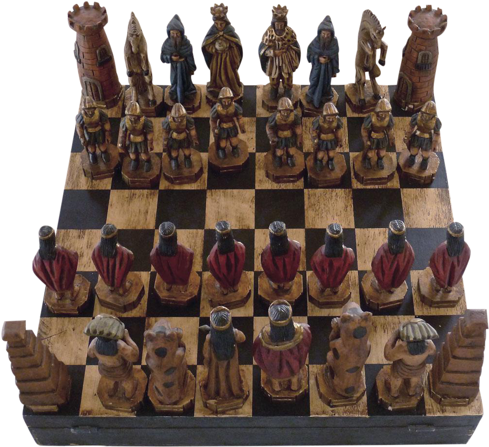 Vintage Mexican Hand Carved Boxed Chess Set - Chess (1113x1018), Png Download