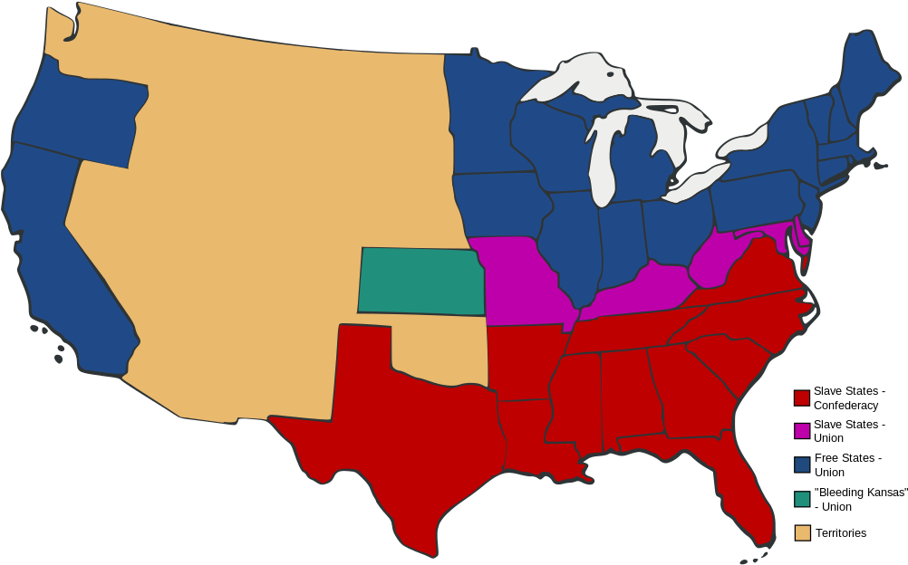 Slave And Free States Before The American Civil War - Union And Confederate Colonies (1024x635), Png Download