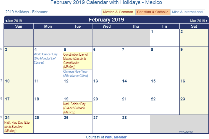 February 2019 Calendar With Mexican Holidays To Print - February 2019 Calendar With Holidays (720x484), Png Download