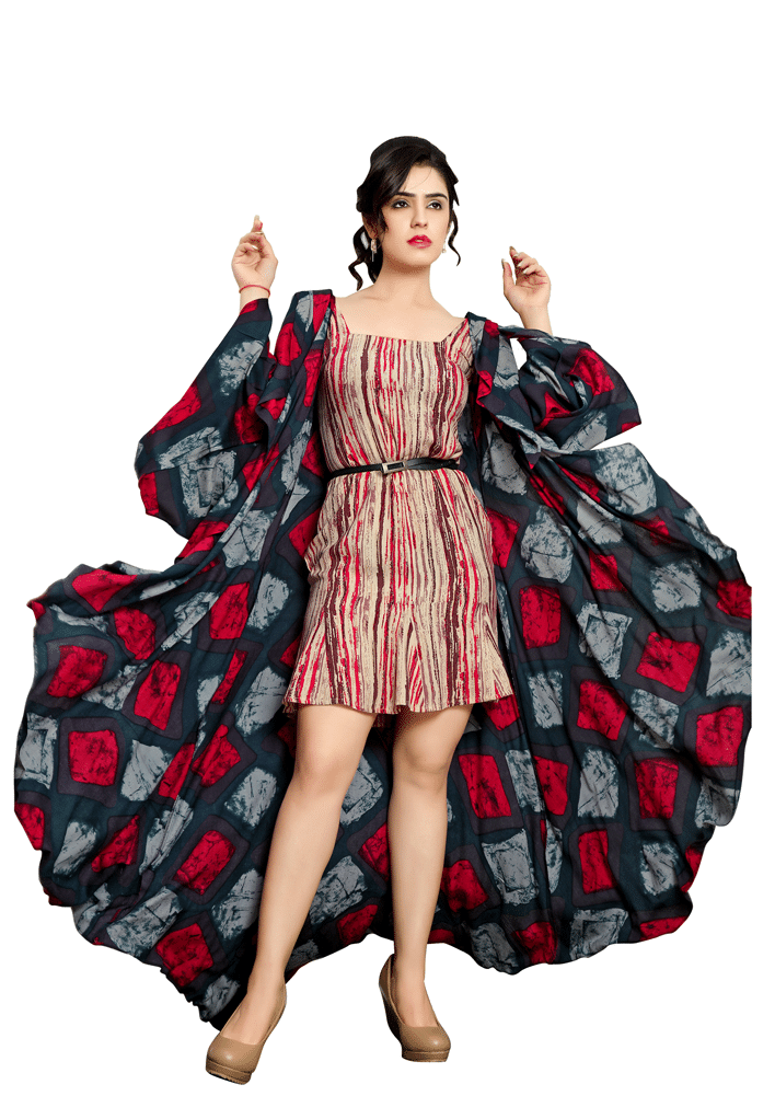 Stripes Printed Dress With Flared Cold Shoulder Shrug - Shrug (1000x1000), Png Download