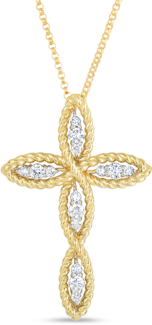 Roberto Coin Barocco 18k Yellow Gold And 18k - Cross Pendant With Diamonds (1600x1600), Png Download