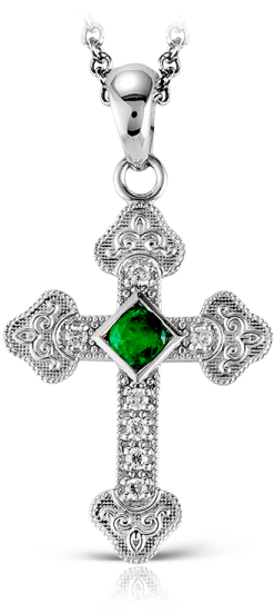 Zeghani 14k White Gold Cross Pendant With Emerald Center - Pendant (600x600), Png Download