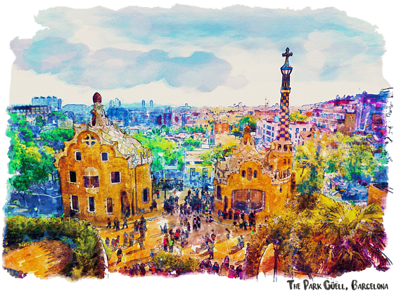 Bleed Area May Not Be Visible - Barcelona Park Guell Painting (600x424), Png Download