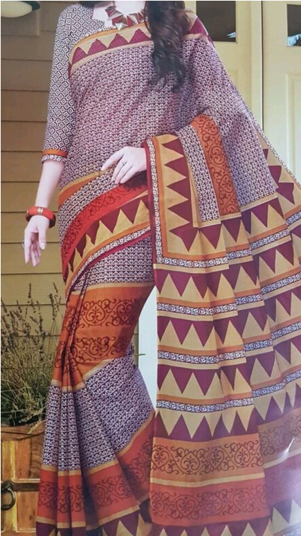 Red And Brown Print Cotton Saree , With Running Blouse - Stitch (600x773), Png Download