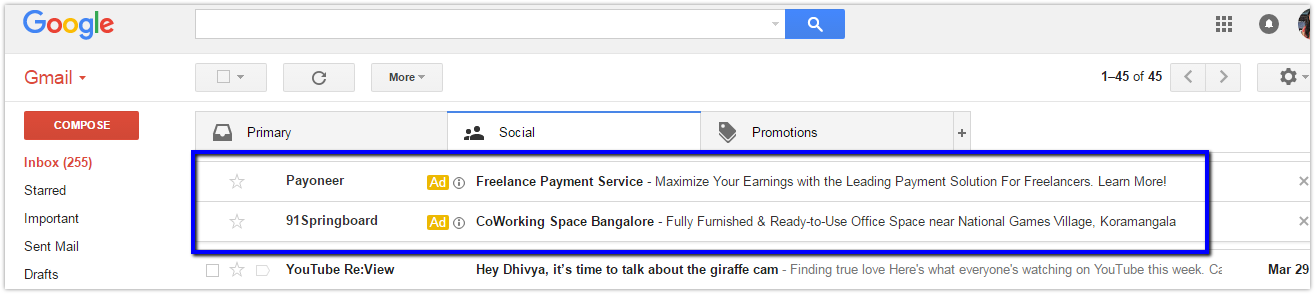 Benefits Of Google Adwords -gmail Ad On Desktop - Google (1315x294), Png Download
