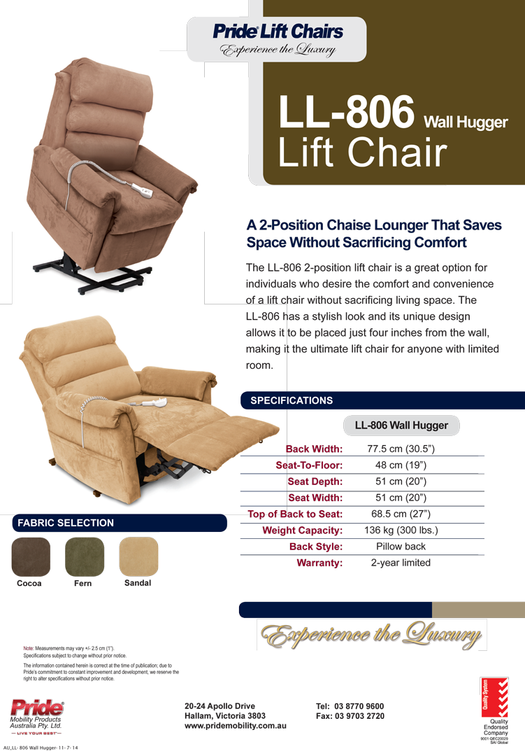 Pride 806 Wall Hugger Lift Chair - Recliner (751x1073), Png Download