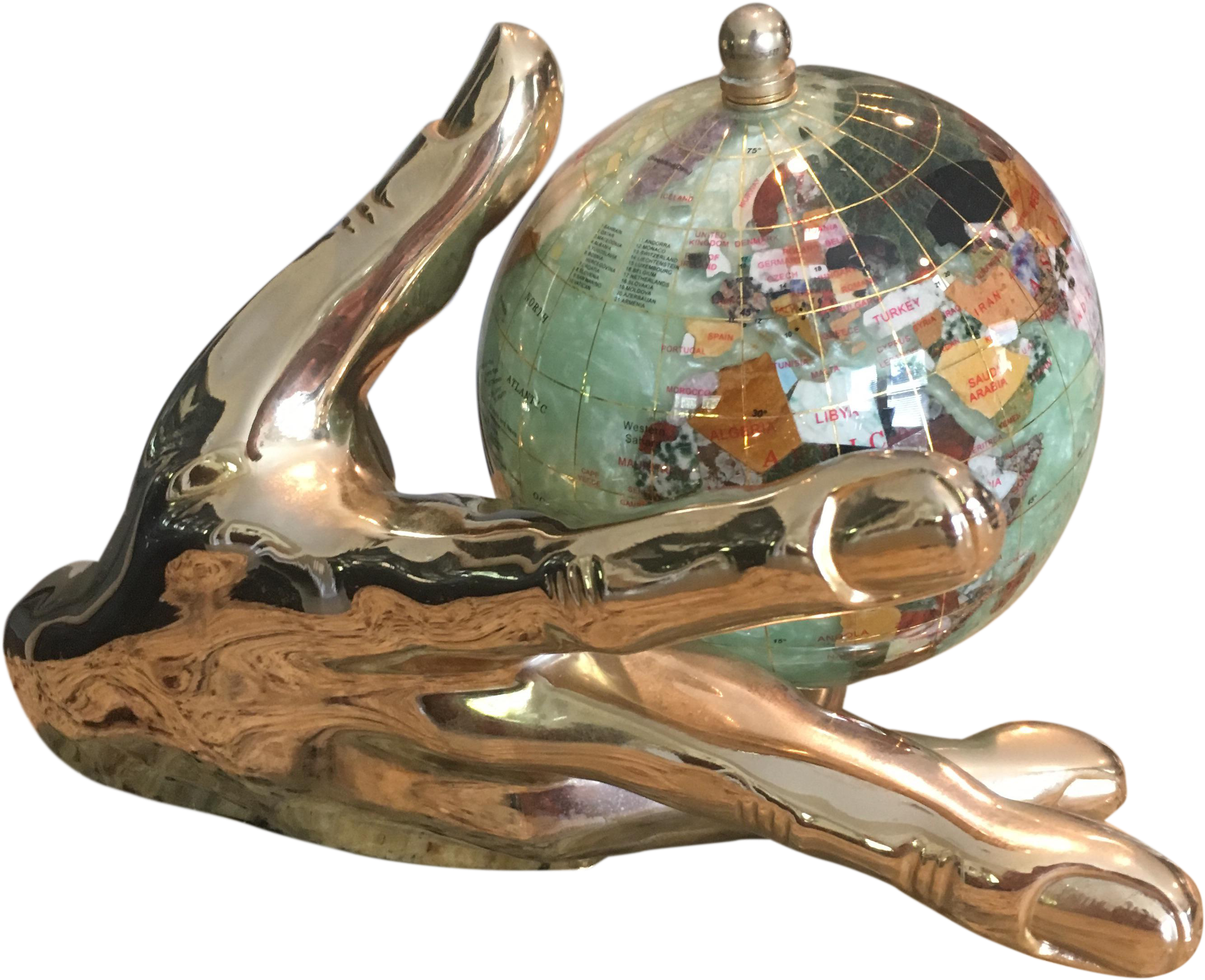 Large Solid Brass Hand Holding Gemstone Globe - Bronze Sculpture (2968x2414), Png Download