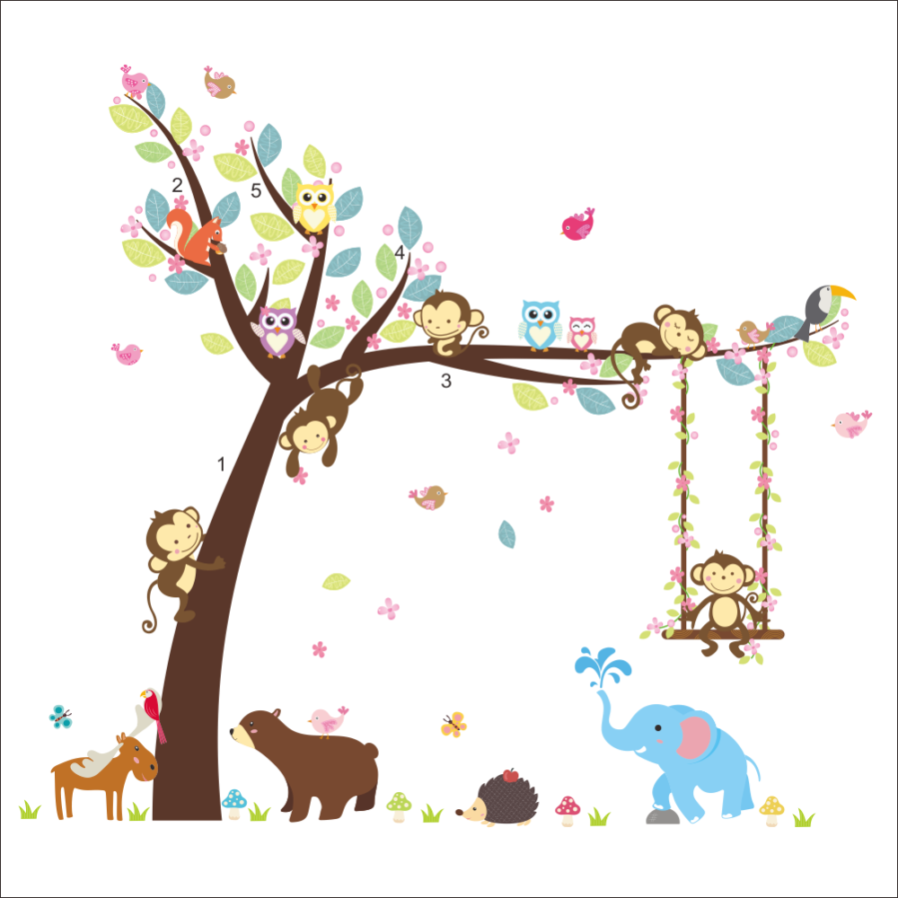 Elephant Bear Monkey Owl Squirrel Tree Forest Wall - Arbol Con Animales Dibujo (1000x1000), Png Download
