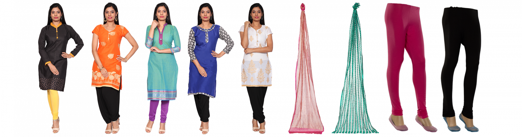 Poppins 5 Readymade Cotton Kurtis With Assorted 2 Leggings - Colors Combination Kurti Or Leggings (1800x474), Png Download